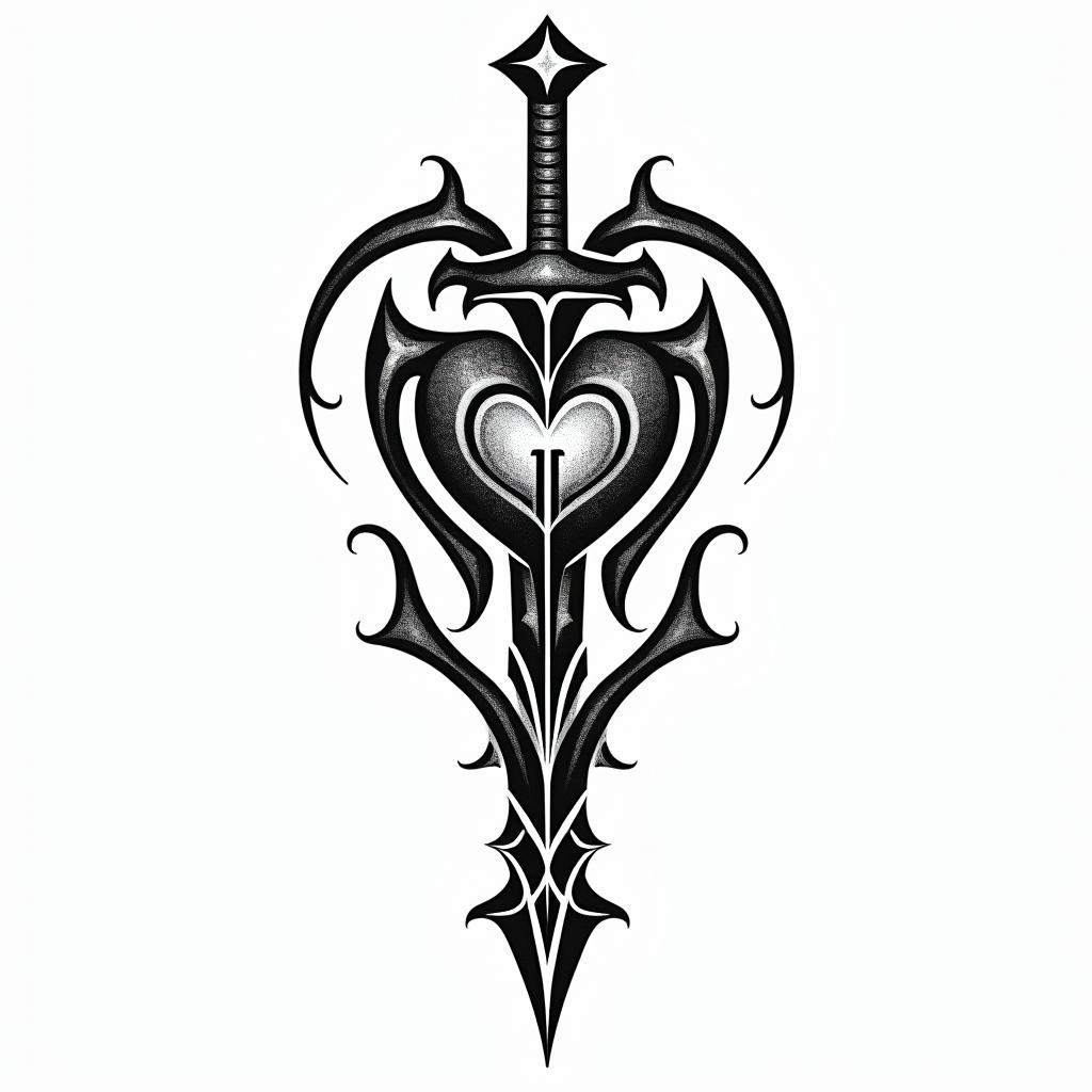 3 sword impaled a heart with a little letter i inside herin tribal tattoo style, featuring bold and black geometric shapes, curved lines, intertwine and flow seamlessly, creating a powerful and symbolic design, polynesian and maori styles