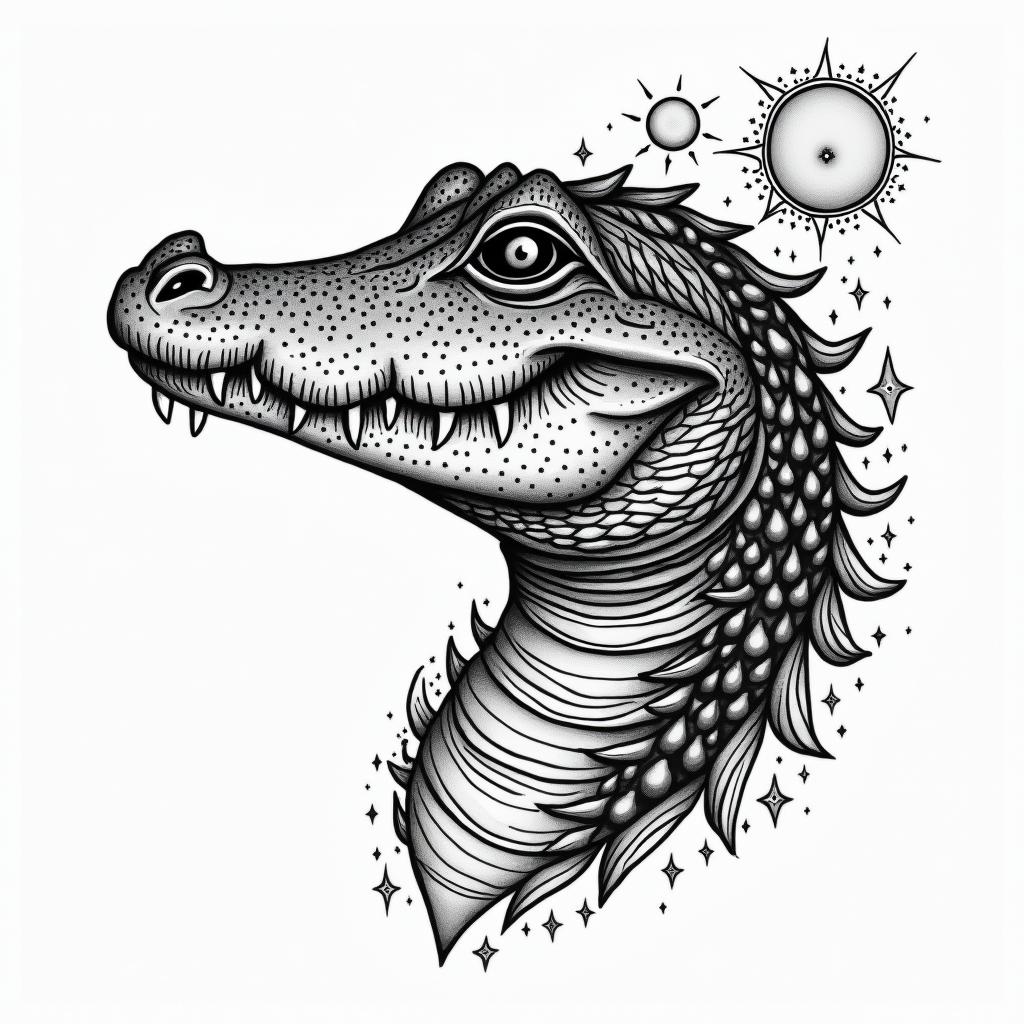 Alligatorin prophecy tattoo style, featuring mystical symbols, celestial imagery like stars, moons, suns, geometric patterns, foretelling elements, an eye of wisdom - Variation 6
