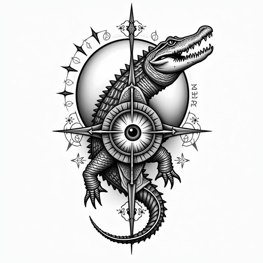 Alligatorin prophecy tattoo style, featuring mystical symbols, celestial imagery like stars, moons, suns, geometric patterns, foretelling elements, an eye of wisdom - Variation 7