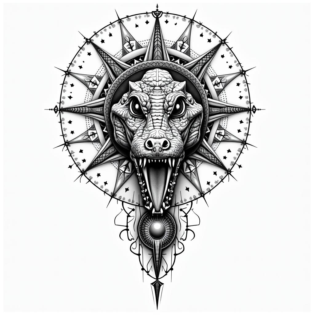 Alligatorin prophecy tattoo style, featuring mystical symbols, celestial imagery like stars, moons, suns, geometric patterns, foretelling elements, an eye of wisdom - Variation 8