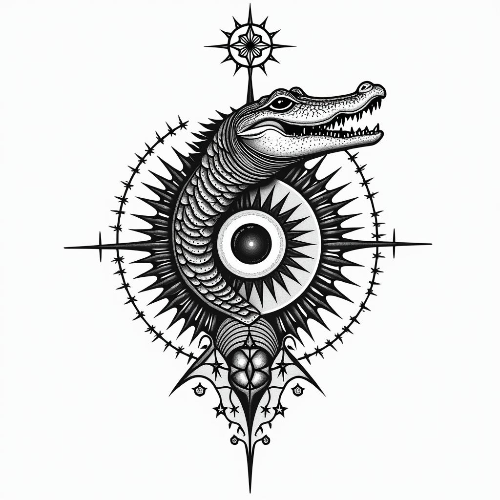 Alligatorin prophecy tattoo style, featuring mystical symbols, celestial imagery like stars, moons, suns, geometric patterns, foretelling elements, an eye of wisdom - Variation 5