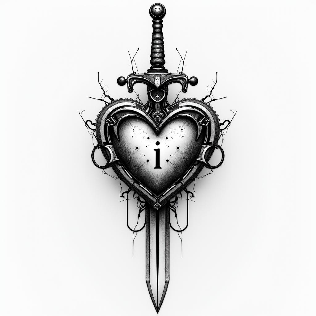 3 sword impaled a heart with a little letter i inside hertattoo in biomechanic style, the tattoo covered by robotic elements of futuristic cyberpunk design, robotic features detail, showcasing intricate mechanical components - Variation 3