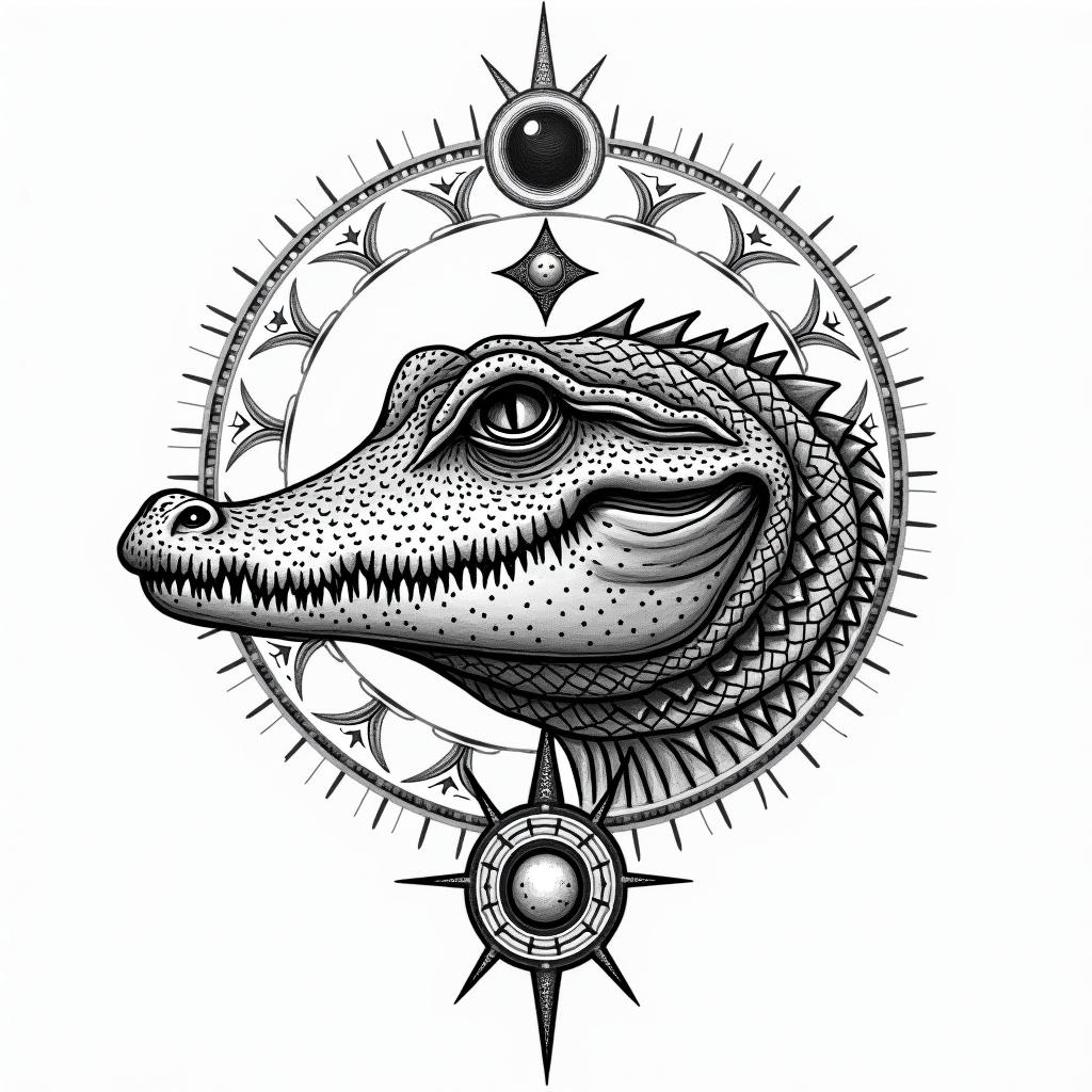 Alligatorin prophecy tattoo style, featuring mystical symbols, celestial imagery like stars, moons, suns, geometric patterns, foretelling elements, an eye of wisdom - Variation 4
