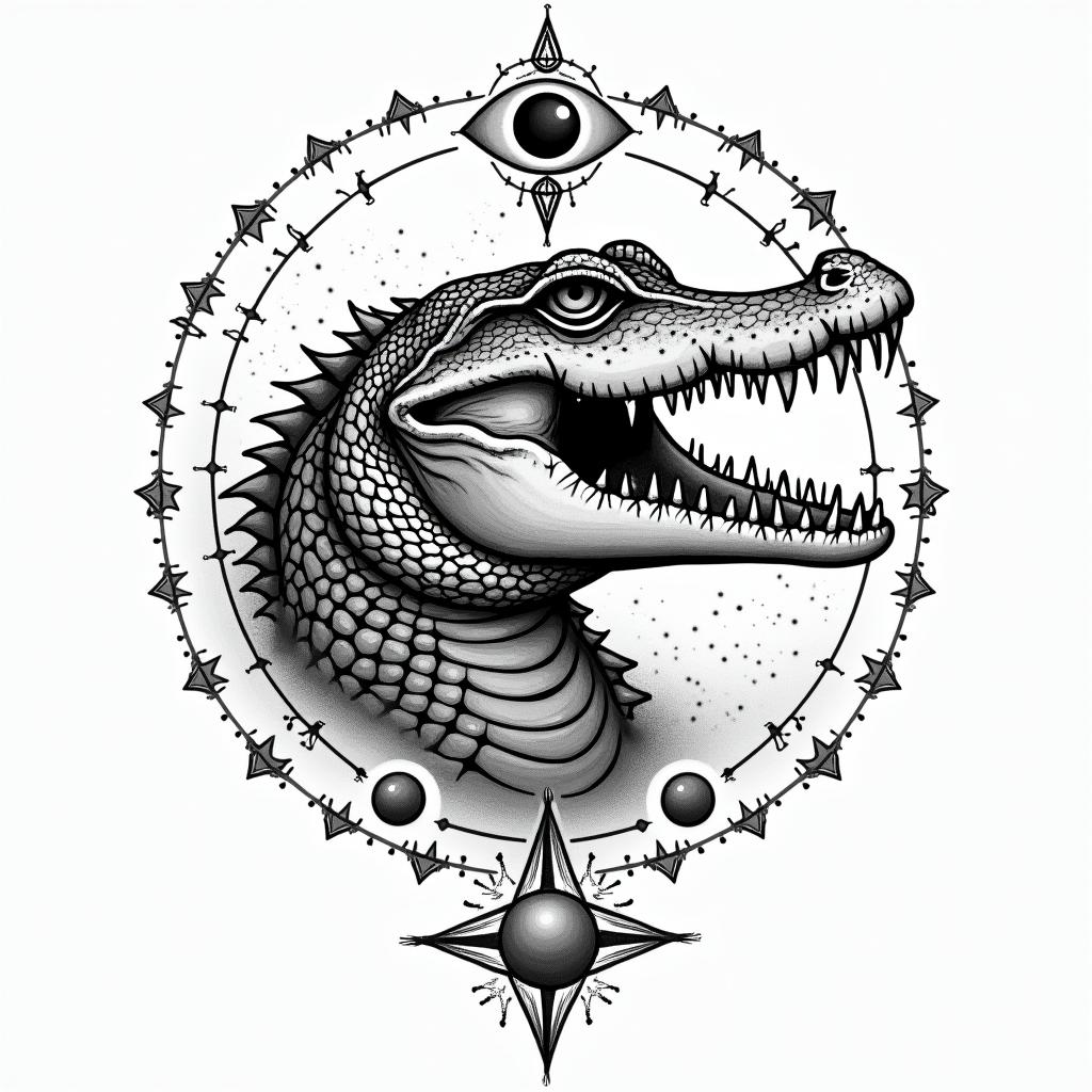 Alligatorin prophecy tattoo style, featuring mystical symbols, celestial imagery like stars, moons, suns, geometric patterns, foretelling elements, an eye of wisdom - Variation 3