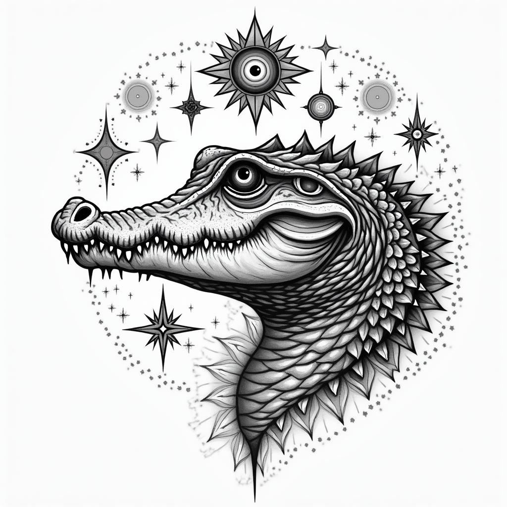 Alligatorin prophecy tattoo style, featuring mystical symbols, celestial imagery like stars, moons, suns, geometric patterns, foretelling elements, an eye of wisdom - Variation 2