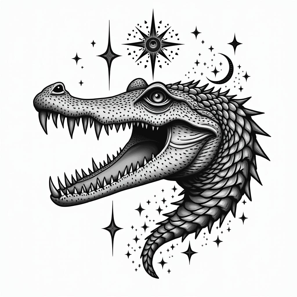 Alligatorin prophecy tattoo style, featuring mystical symbols, celestial imagery like stars, moons, suns, geometric patterns, foretelling elements, an eye of wisdom