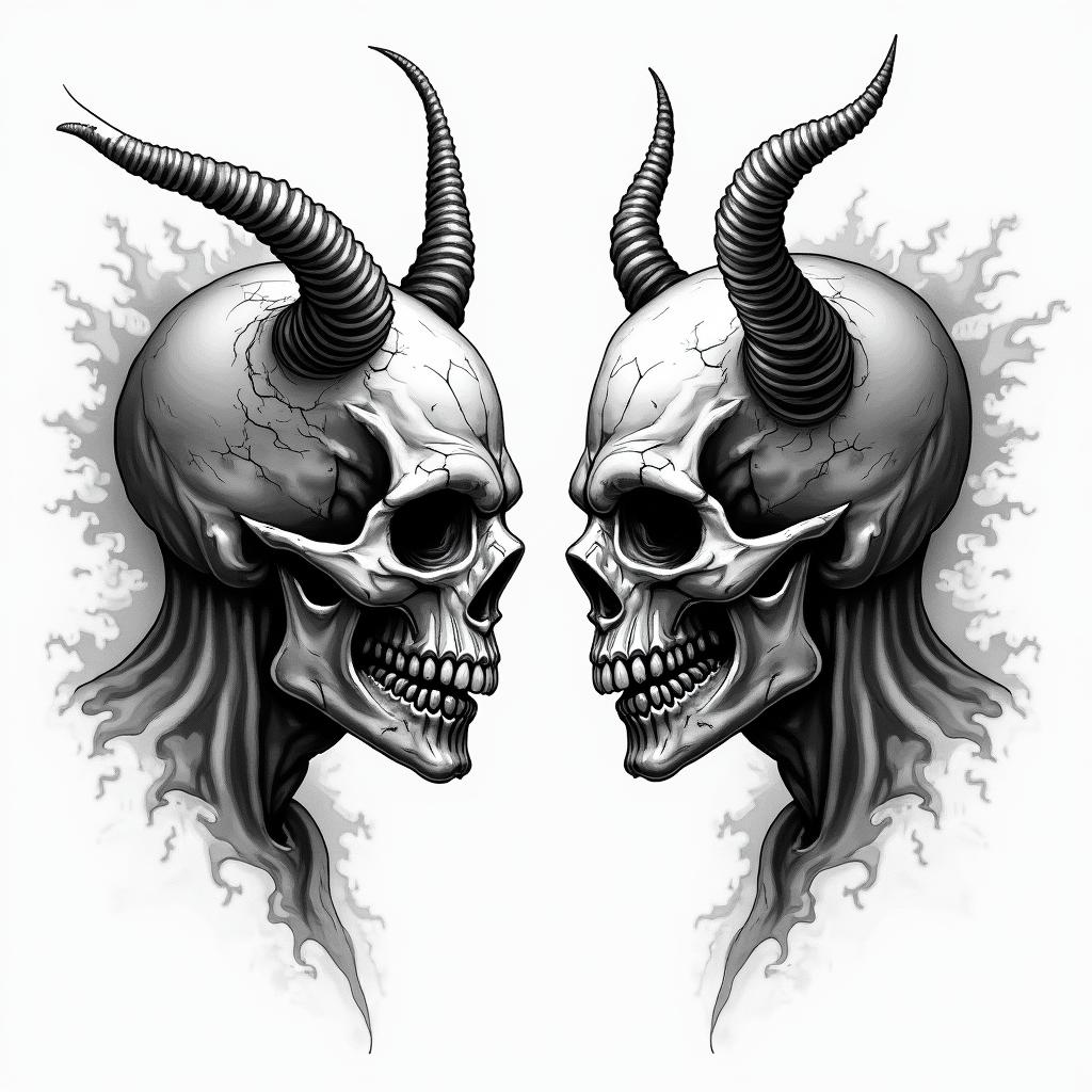 Posidon and the devil facing each other offcreepy horror tattoo style, featuring an eerie and unsettling skull of a demonic creature, distorted face with sharp fangs, add pentagram symbol