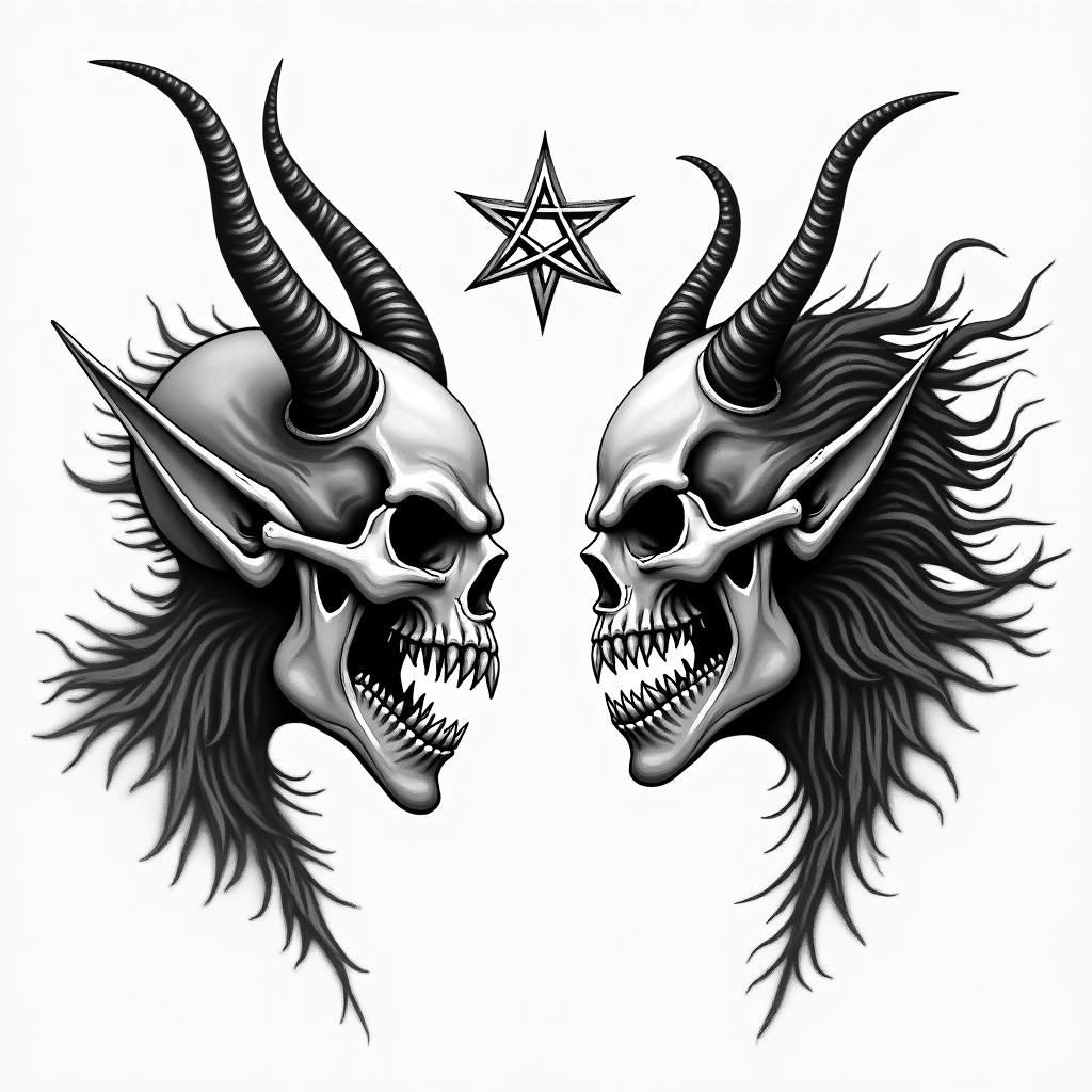 Posidon and the devil facing each other offcreepy horror tattoo style, featuring an eerie and unsettling skull of a demonic creature, distorted face with sharp fangs, add pentagram symbol - Variation 4