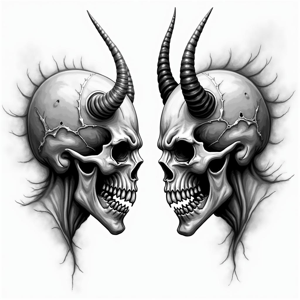 Posidon and the devil facing each other offcreepy horror tattoo style, featuring an eerie and unsettling skull of a demonic creature, distorted face with sharp fangs, add pentagram symbol - Variation 3