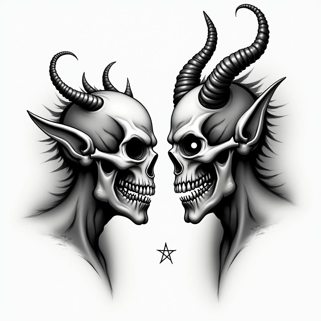 Posidon and the devil facing each other offcreepy horror tattoo style, featuring an eerie and unsettling skull of a demonic creature, distorted face with sharp fangs, add pentagram symbol - Variation 2