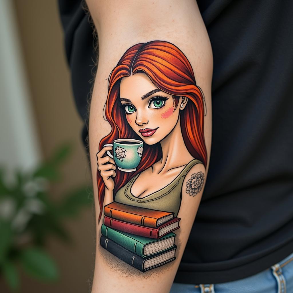 Woman, coffee, books, Sagittarius, redhead, green eyesin new school tattoo, pop culture, modern, detailed tattoo, illustrative
