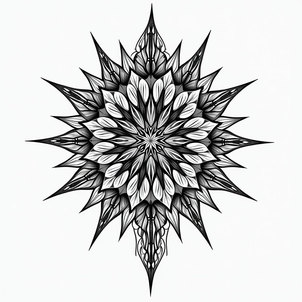 Swampin dotwork style tattoo, complex mandala patterns, interlocking geometric shapes with sharp symmetry, clean lines, sharp angles - Variation 4
