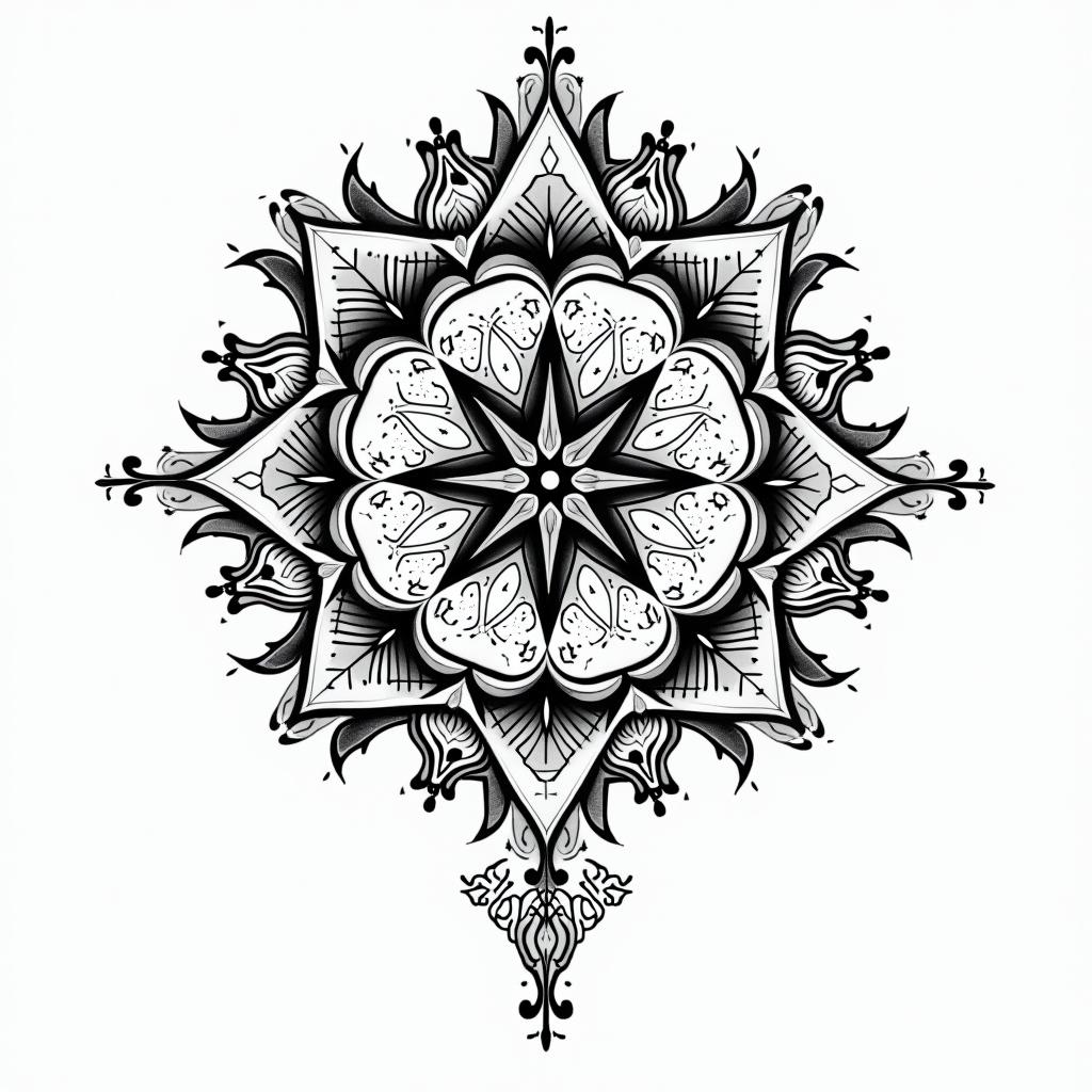 Swampin dotwork style tattoo, complex mandala patterns, interlocking geometric shapes with sharp symmetry, clean lines, sharp angles