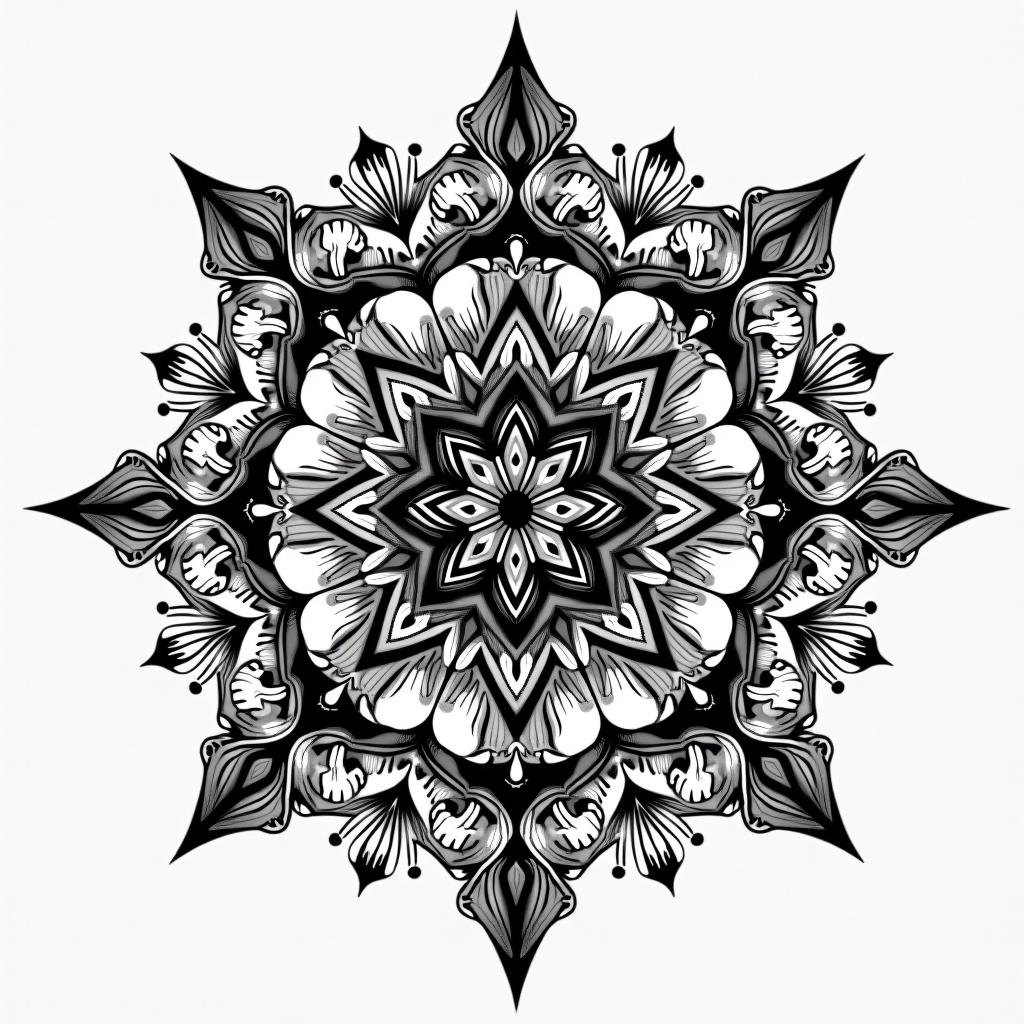 Swampin dotwork style tattoo, complex mandala patterns, interlocking geometric shapes with sharp symmetry, clean lines, sharp angles - Variation 3