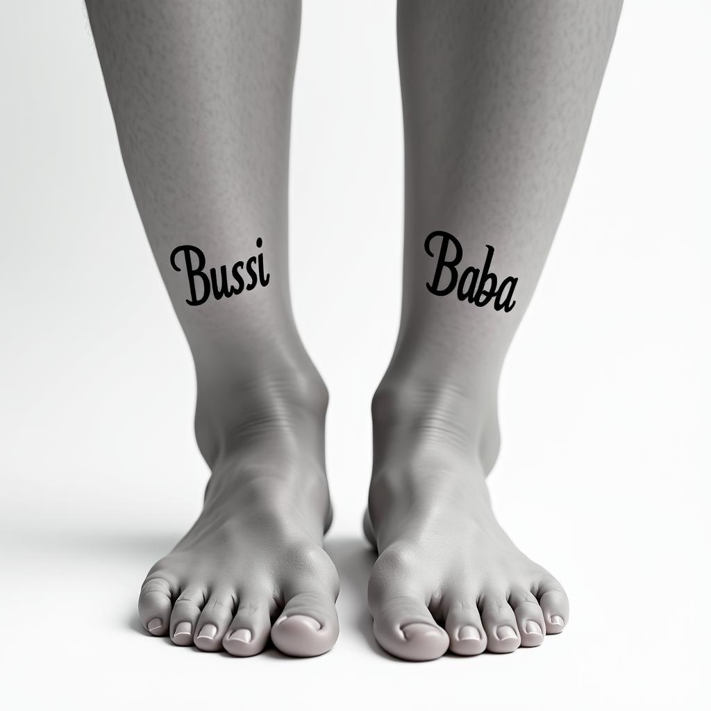 I want the words "Bussi" and "Baba" on the ankles of my lower legs.minimalist text-based tattoo, Monospace font ultra-realistic, perfectly placed, high-quality font design, photo-realistic shading, 8k, high quality, finely detailed typograph - Variation 4