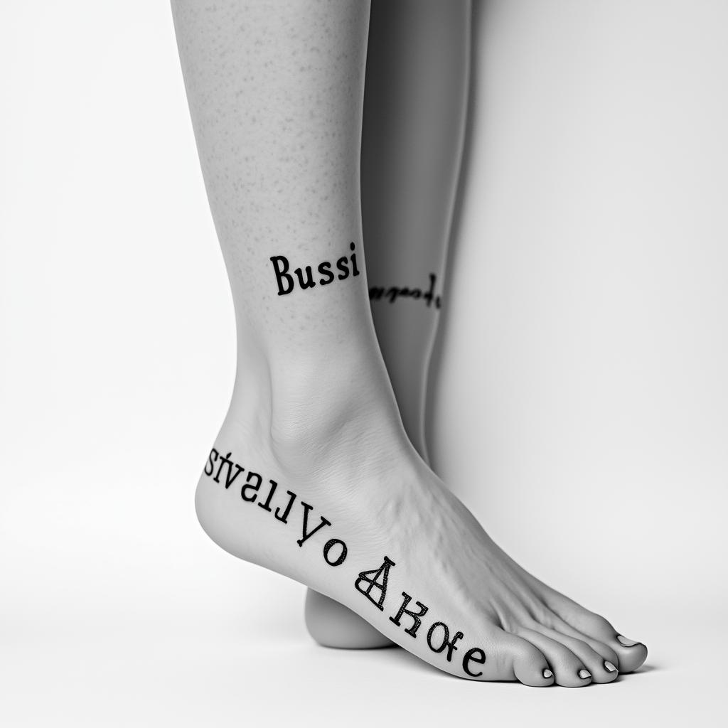 I want the words "Bussi" and "Baba" on the ankles of my lower legs.minimalist text-based tattoo, Monospace font ultra-realistic, perfectly placed, high-quality font design, photo-realistic shading, 8k, high quality, finely detailed typograph - Variation 2