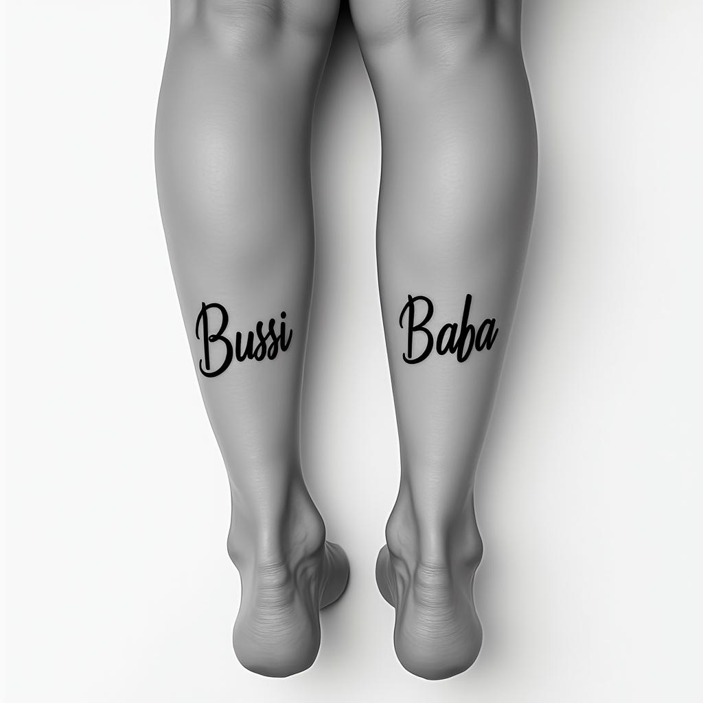 I want the words "Bussi" and "Baba" on the ankles of my lower legs.minimalist text-based tattoo, Monospace font ultra-realistic, perfectly placed, high-quality font design, photo-realistic shading, 8k, high quality, finely detailed typograph - Variation 3