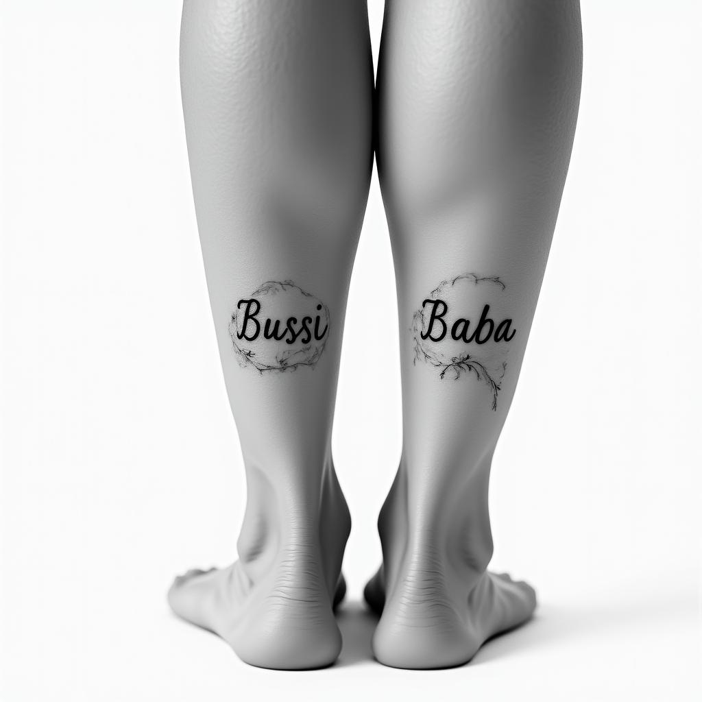 I want the words "Bussi" and "Baba" on the ankles of my lower legs.minimalist text-based tattoo, Monospace font ultra-realistic, perfectly placed, high-quality font design, photo-realistic shading, 8k, high quality, finely detailed typograph