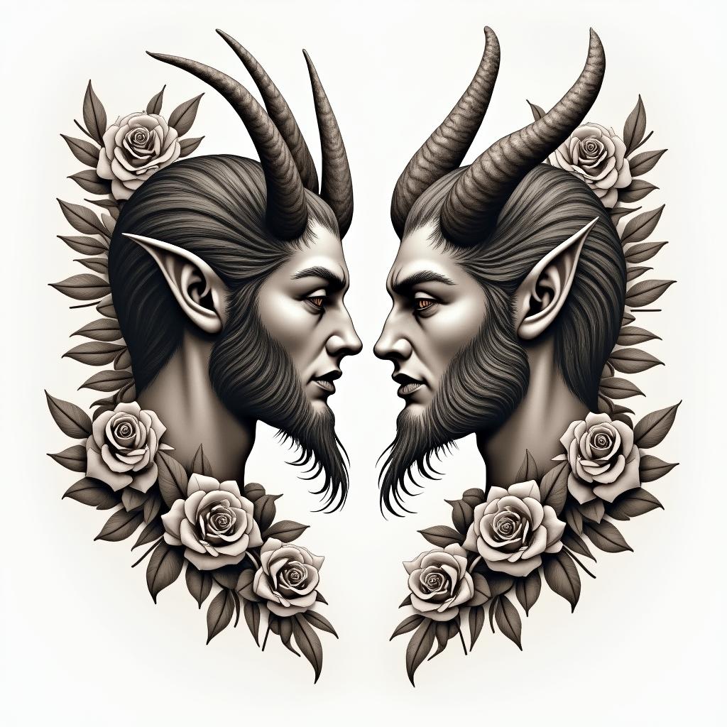 Posidon and the devil facing each other offin victorian style tattoo, featuring vintage and elegant elements, ornate frames, roses, antique, sepia-toned color scheme