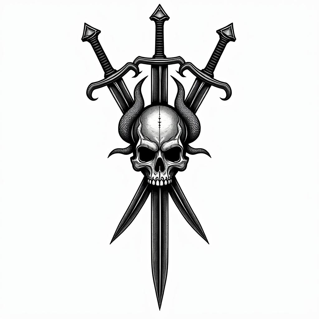 3 swords impaled a skull with 2 serpent's behindin tribal tattoo style, featuring bold and black geometric shapes, curved lines, intertwine and flow seamlessly, creating a powerful and symbolic design, polynesian and maori styles - Variation 3