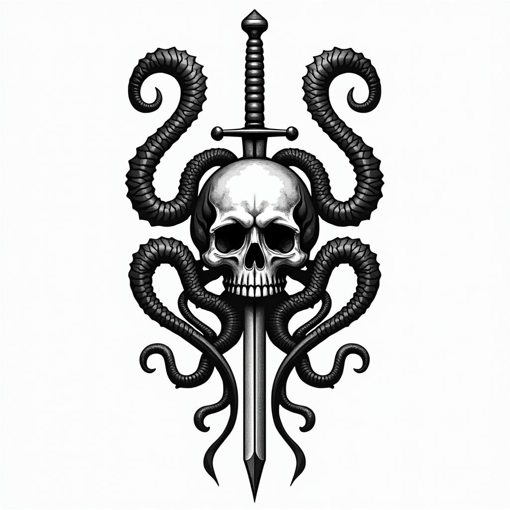 3 swords impaled a skull with 2 serpent's behindin tribal tattoo style, featuring bold and black geometric shapes, curved lines, intertwine and flow seamlessly, creating a powerful and symbolic design, polynesian and maori styles - Variation 4