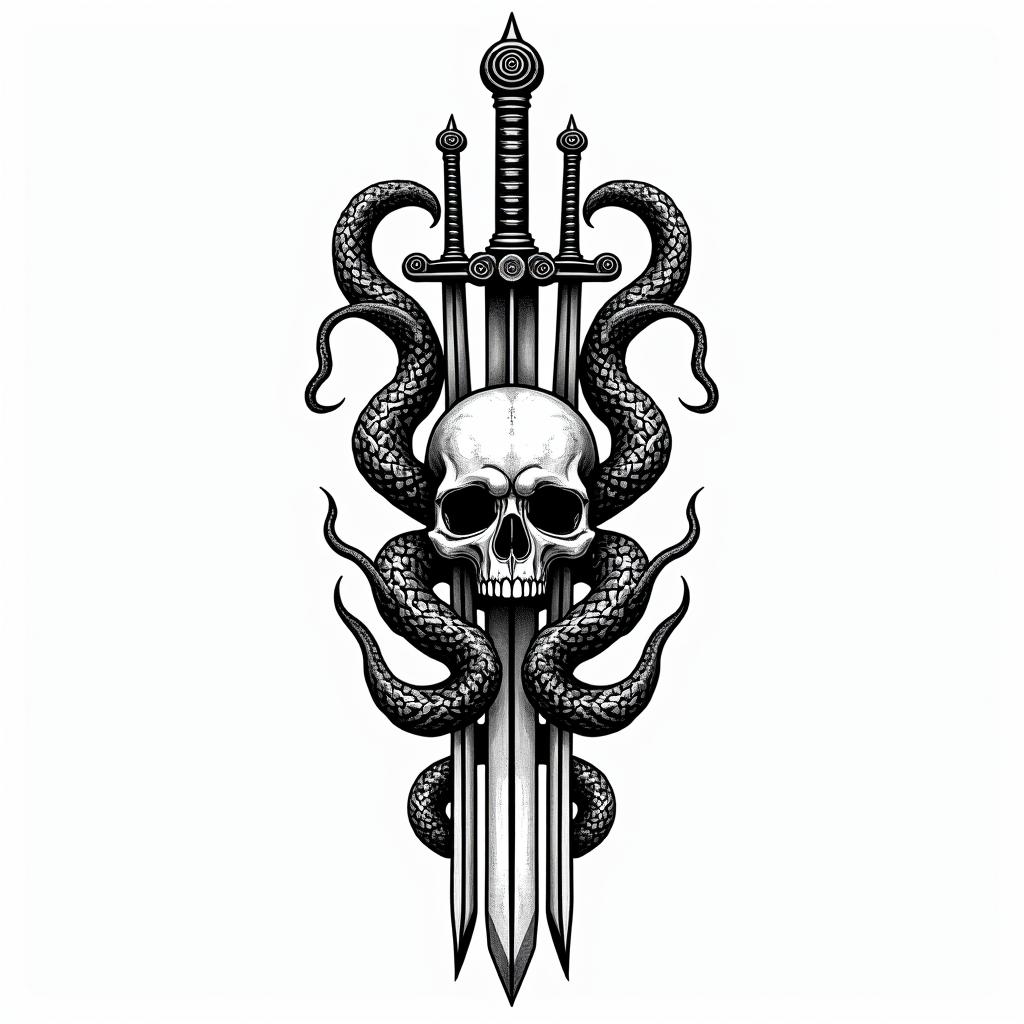 3 swords impaled a skull with 2 serpent's behindin tribal tattoo style, featuring bold and black geometric shapes, curved lines, intertwine and flow seamlessly, creating a powerful and symbolic design, polynesian and maori styles - Variation 2