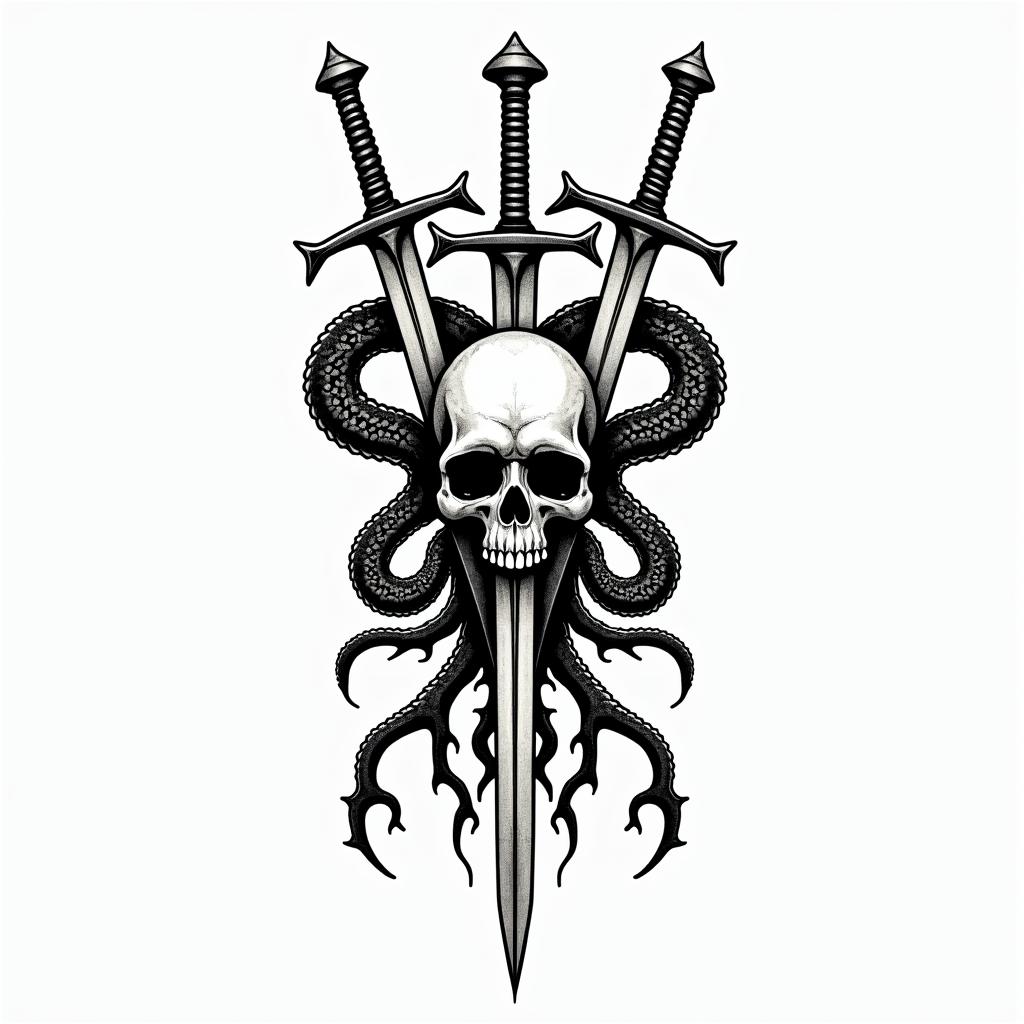 3 swords impaled a skull with 2 serpent's behindin tribal tattoo style, featuring bold and black geometric shapes, curved lines, intertwine and flow seamlessly, creating a powerful and symbolic design, polynesian and maori styles