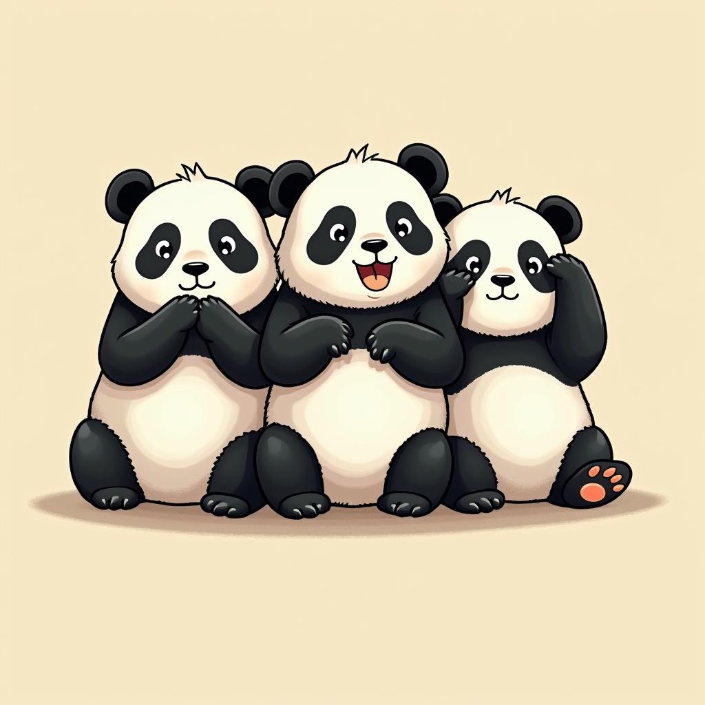 "A cartoon-style black and white tattoo design of three adorable pandas sitting side by side, each striking a different pose to represent 'hear no evil, see no evil, speak no evil': one panda playfully covering its ears, one covering its eyes, and one covering its mouth. The design should be cute, simple, and clean, with rounded features and expressive facesGhibli, Studio Ghibli aesthetic, hand-drawn anime style, retro nostalgic atmosphere, retro soft pastel color palette with earthy tones, retro Japanese cinematic shot, yellow tint effect, bald character, smooth surface, anime shadow 90's anime style - Variation 3