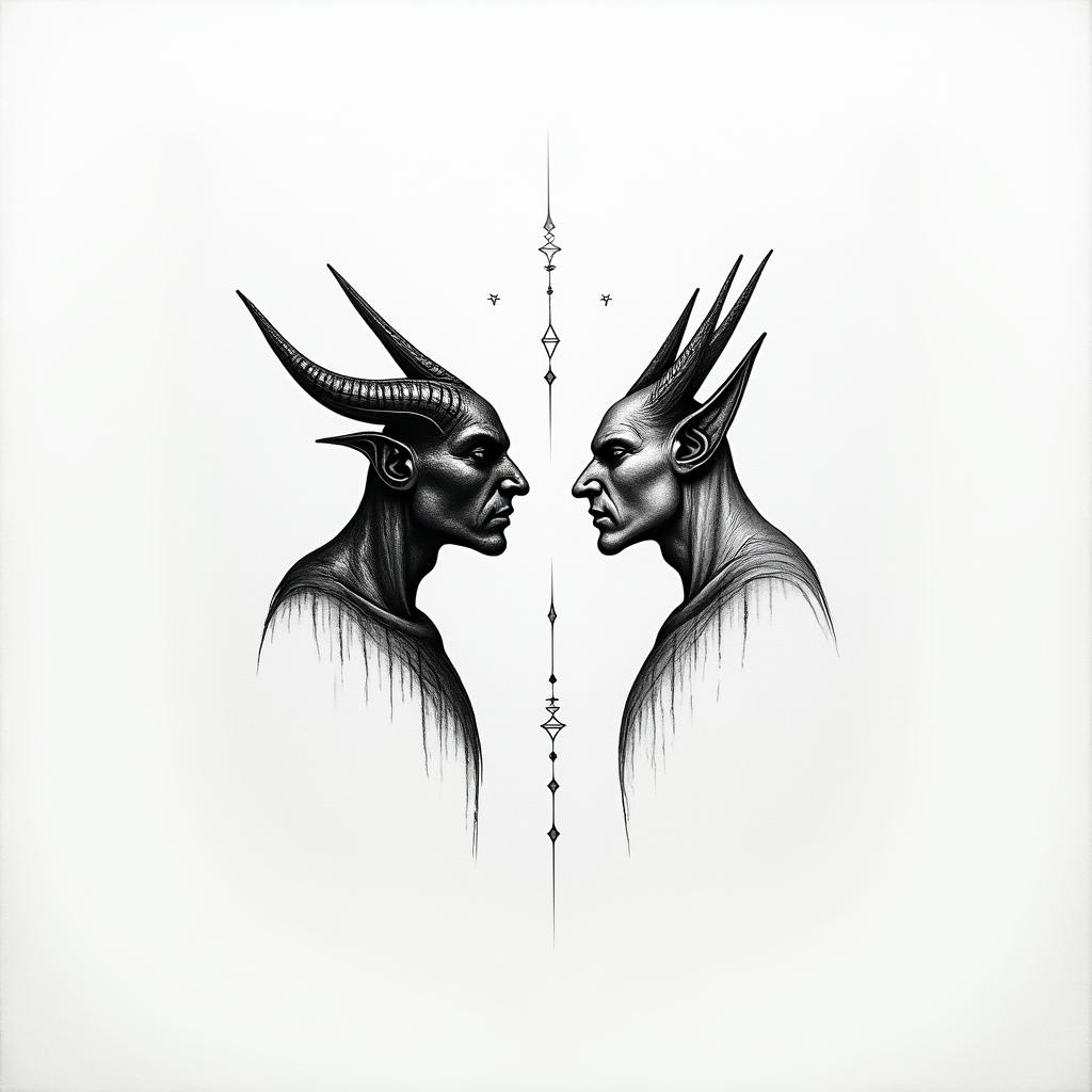 Posidon and the devil facing each other offin minimalist style tattoo, featuring simple shapes and fine lines, with minimal shading and details, tiny triangles, creating a sense of balance and harmony