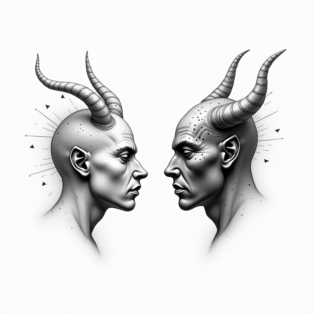 Posidon and the devil facing each other offin minimalist style tattoo, featuring simple shapes and fine lines, with minimal shading and details, tiny triangles, creating a sense of balance and harmony - Variation 2