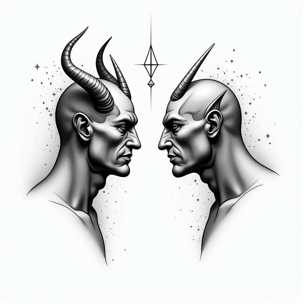 Posidon and the devil facing each other offin minimalist style tattoo, featuring simple shapes and fine lines, with minimal shading and details, tiny triangles, creating a sense of balance and harmony - Variation 3