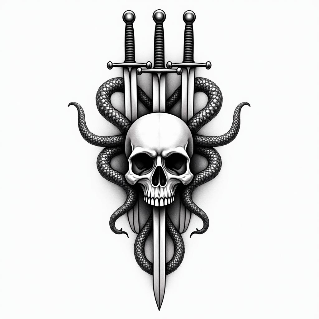 3 swords impaled a skull with 2 serpent's behindtext-based tattoo, japanese font ultra-realistic, perfectly placed, high-quality font design, photo-realistic shading, 8k, high quality, finely detailed typograph - Variation 2