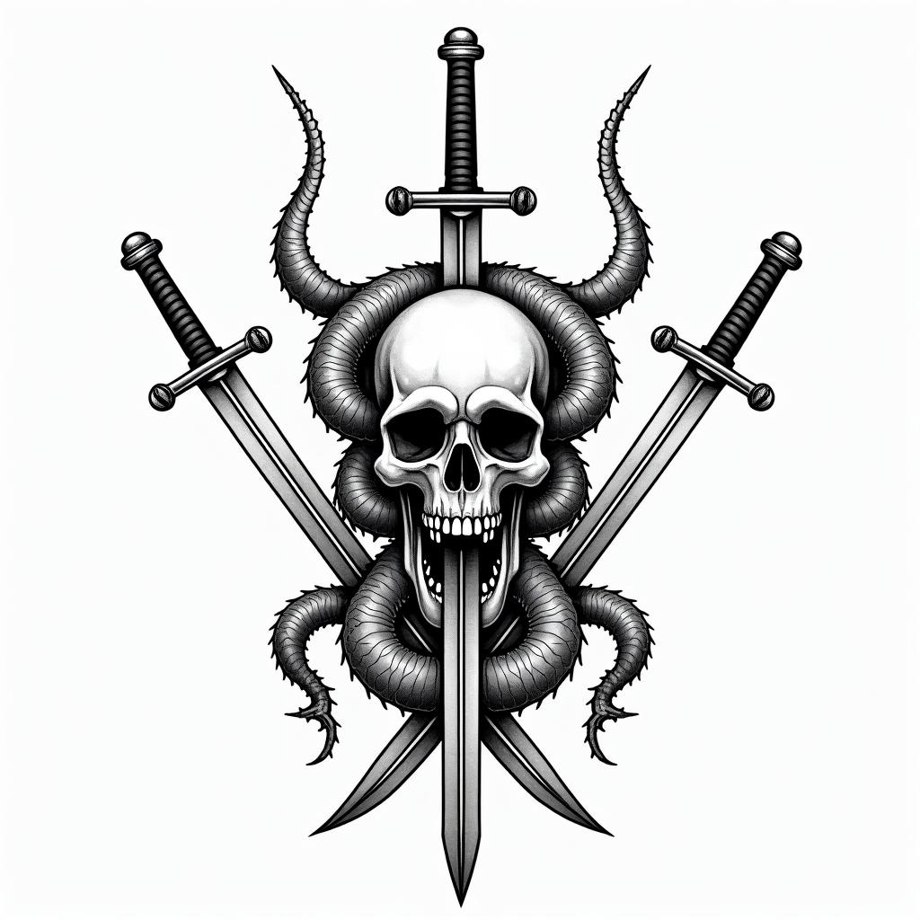 3 swords impaled a skull with 2 serpent's behindtext-based tattoo, japanese font ultra-realistic, perfectly placed, high-quality font design, photo-realistic shading, 8k, high quality, finely detailed typograph - Variation 4