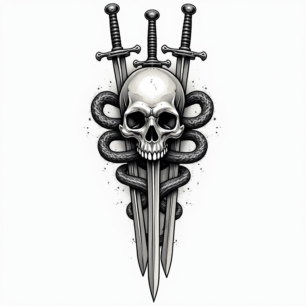 3 swords impaled a skull with 2 serpent's behindtext-based tattoo, japanese font ultra-realistic, perfectly placed, high-quality font design, photo-realistic shading, 8k, high quality, finely detailed typograph