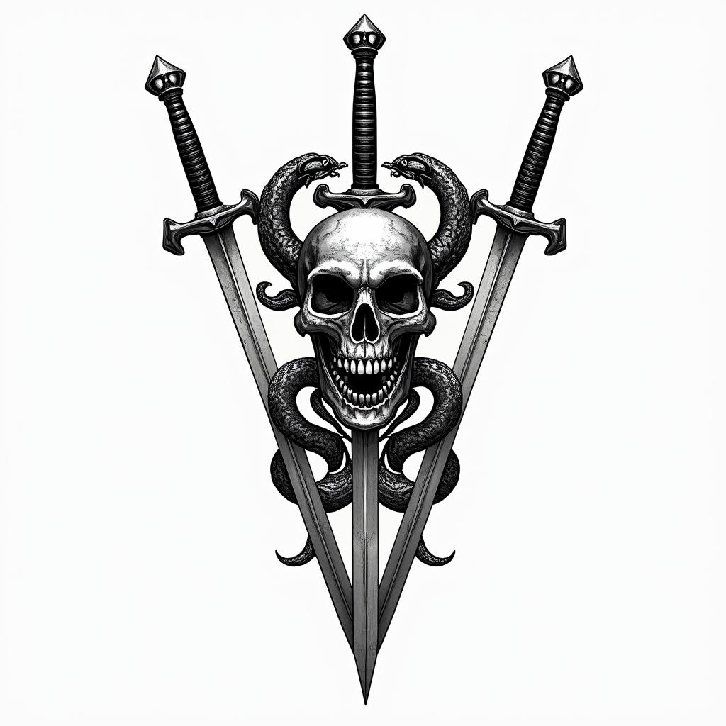 3 swords impaled a skull with 2 serpent's behindtext-based tattoo, japanese font ultra-realistic, perfectly placed, high-quality font design, photo-realistic shading, 8k, high quality, finely detailed typograph - Variation 3