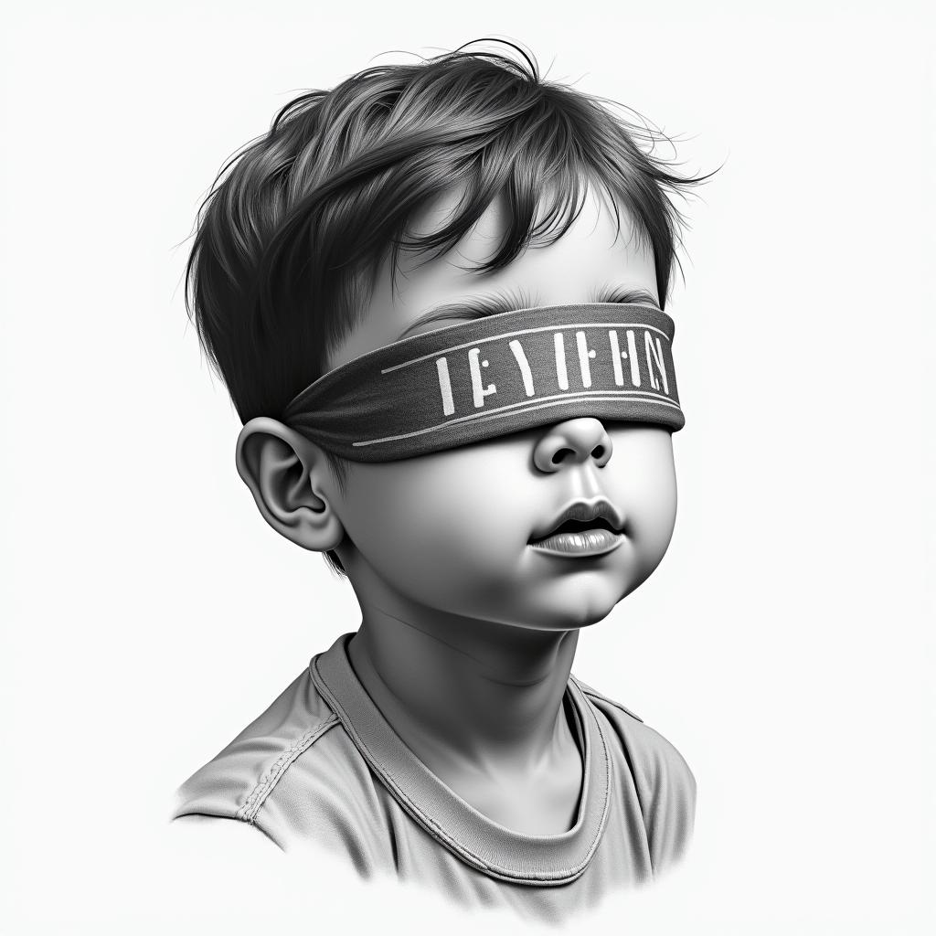 I want a little boy blindfolded with his name written in braille Jayden and his eat 2021in realism tattoo style, featuring a highly detailed, lifelike, capturing every detail, photorealistic, ultra realistic, intricate shading, smooth and sharp,  