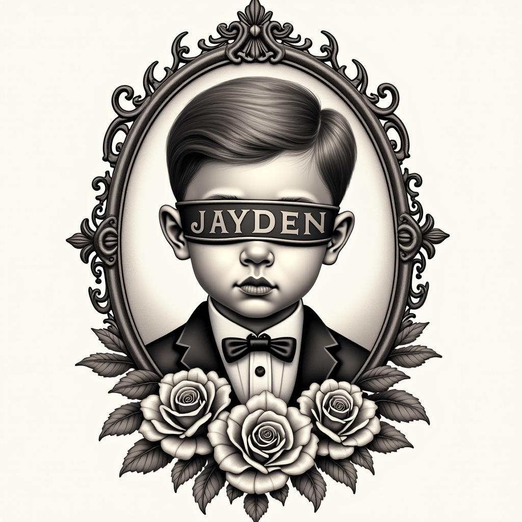 I want a little boy blindfolded with his name written in braille Jayden and his eat 2021in victorian style tattoo, featuring vintage and elegant elements, ornate frames, roses, antique, sepia-toned color scheme - Variation 4