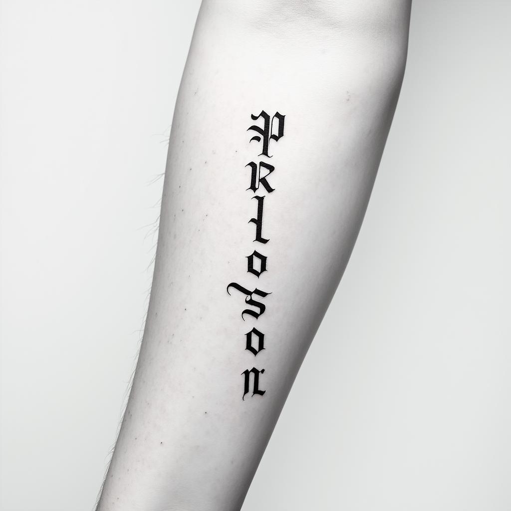 The word Philotimo stretched vertically on the inner forearmminimalist text-based tattoo, Monospace font ultra-realistic, perfectly placed, high-quality font design, photo-realistic shading, 8k, high quality, finely detailed typograph - Variation 3
