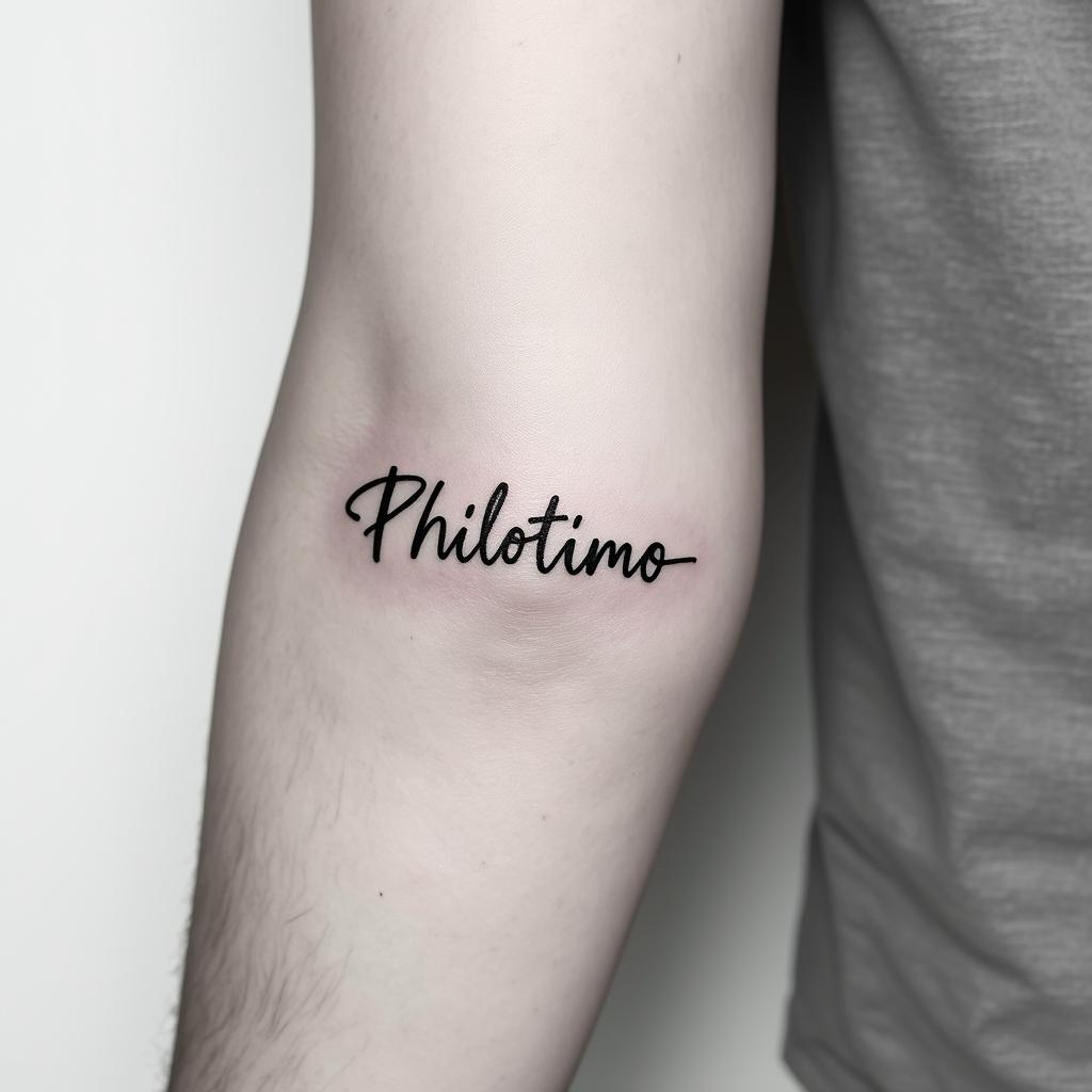 The word Philotimo stretched vertically on the inner forearmminimalist text-based tattoo, Monospace font ultra-realistic, perfectly placed, high-quality font design, photo-realistic shading, 8k, high quality, finely detailed typograph - Variation 4