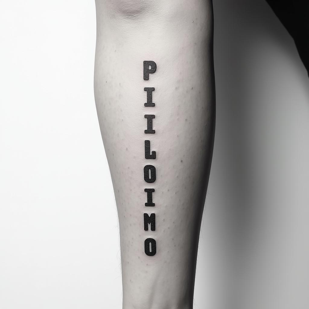 The word Philotimo stretched vertically on the inner forearmminimalist text-based tattoo, Monospace font ultra-realistic, perfectly placed, high-quality font design, photo-realistic shading, 8k, high quality, finely detailed typograph