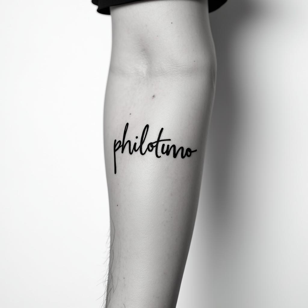 The word Philotimo stretched vertically on the inner forearmminimalist text-based tattoo, Monospace font ultra-realistic, perfectly placed, high-quality font design, photo-realistic shading, 8k, high quality, finely detailed typograph - Variation 2