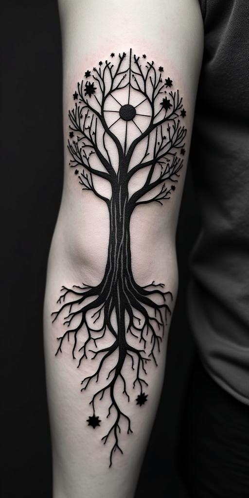 Tree of life with roots and branchesin prophecy tattoo style, featuring mystical symbols, celestial imagery like stars, moons, suns, geometric patterns, foretelling elements, an eye of wisdom - Variation 8