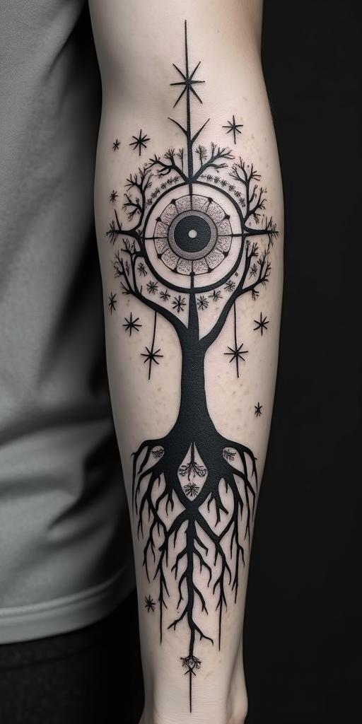 Tree of life with roots and branchesin prophecy tattoo style, featuring mystical symbols, celestial imagery like stars, moons, suns, geometric patterns, foretelling elements, an eye of wisdom - Variation 6