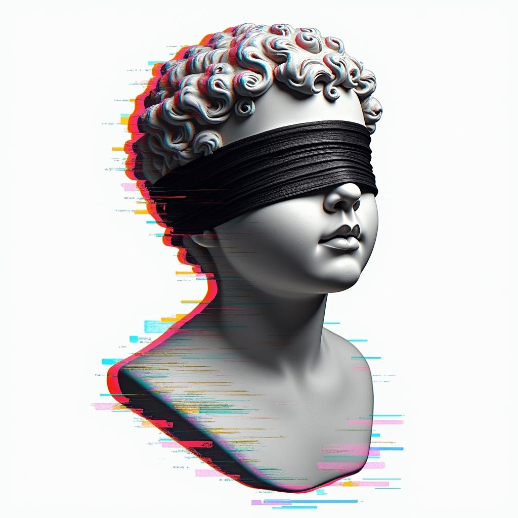 Boy blindfolded, Jace written in braille, est 2021 written in braillein distorted and fragmented tattoo design, featuring a classical statue bust, in a glitch art style with vibrant, overlapping colors of cyan, magenta, and yellow, creating a digital distortion effect - Variation 3