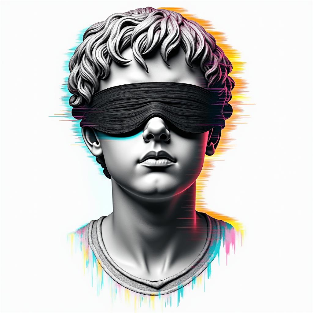 Boy blindfolded, Jace written in braille, est 2021 written in braillein distorted and fragmented tattoo design, featuring a classical statue bust, in a glitch art style with vibrant, overlapping colors of cyan, magenta, and yellow, creating a digital distortion effect - Variation 4