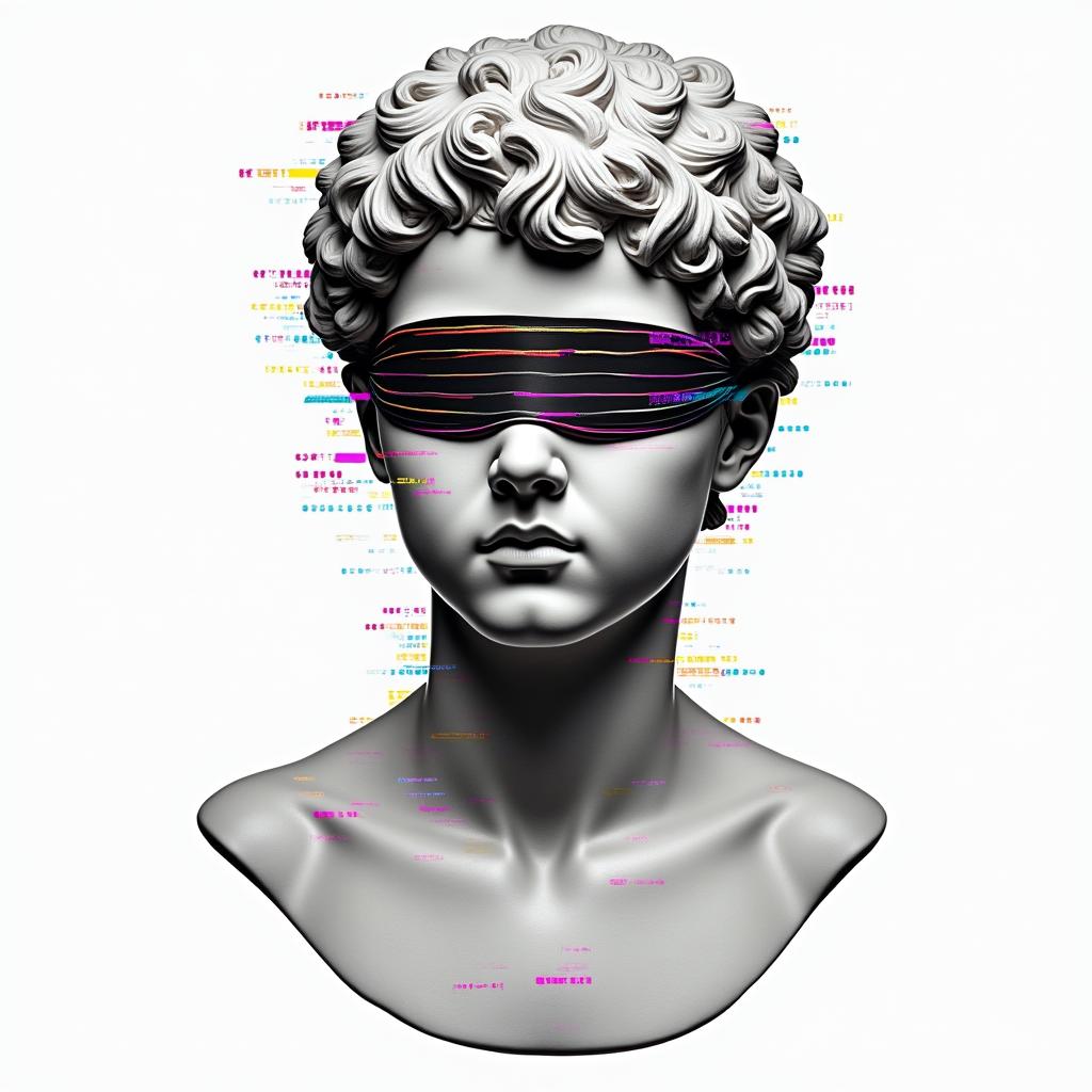 Boy blindfolded, Jace written in braille, est 2021 written in braillein distorted and fragmented tattoo design, featuring a classical statue bust, in a glitch art style with vibrant, overlapping colors of cyan, magenta, and yellow, creating a digital distortion effect - Variation 2