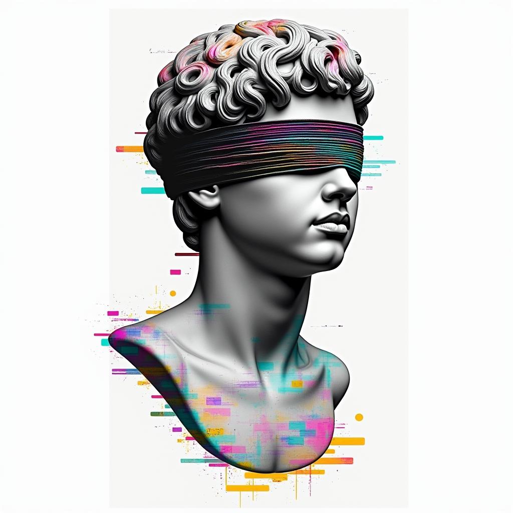 Boy blindfolded, Jace written in braille, est 2021 written in braillein distorted and fragmented tattoo design, featuring a classical statue bust, in a glitch art style with vibrant, overlapping colors of cyan, magenta, and yellow, creating a digital distortion effect