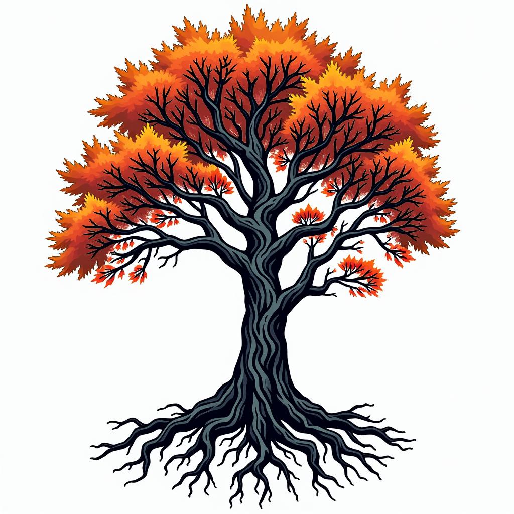 Tree of life with roots and branchesin pop art style tattoo, featuring bold and vibrant colors, exaggerated outlines, iconic imagery, inspired by comic books and speech bubbles, comic book characters, retro pop culture - Variation 9