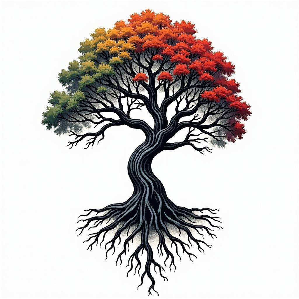 Tree of life with roots and branchesin pop art style tattoo, featuring bold and vibrant colors, exaggerated outlines, iconic imagery, inspired by comic books and speech bubbles, comic book characters, retro pop culture - Variation 6