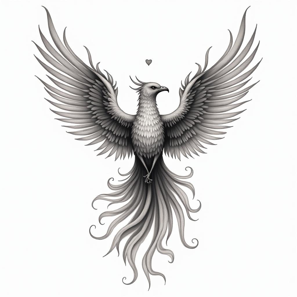 Rising phoenix with vibrant fiery wingsin Modest style tattoo, featuring soft, delicate line work with simple and meaningful symbols, gentle waves, a heart, evoking a sense of serenity and grace,
